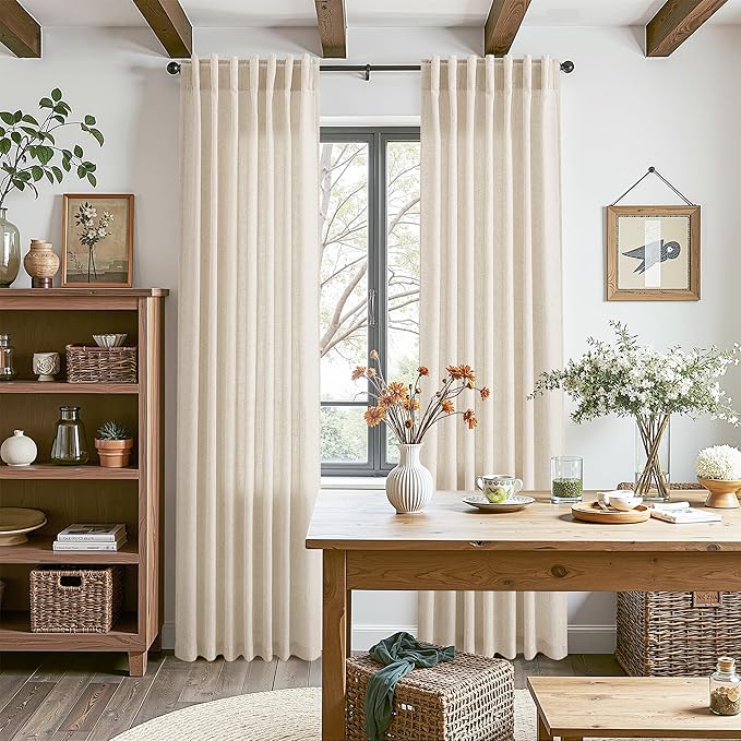 Cream Beige Linen Curtains for Living Room 100 Inches Long Light Filtering Semi Sheer Curtain Back Tab Modern Farmhouse Decor Elegant Luxury Coastal Drapes for Bedroom Dinner Room 52x100, 2 Panels