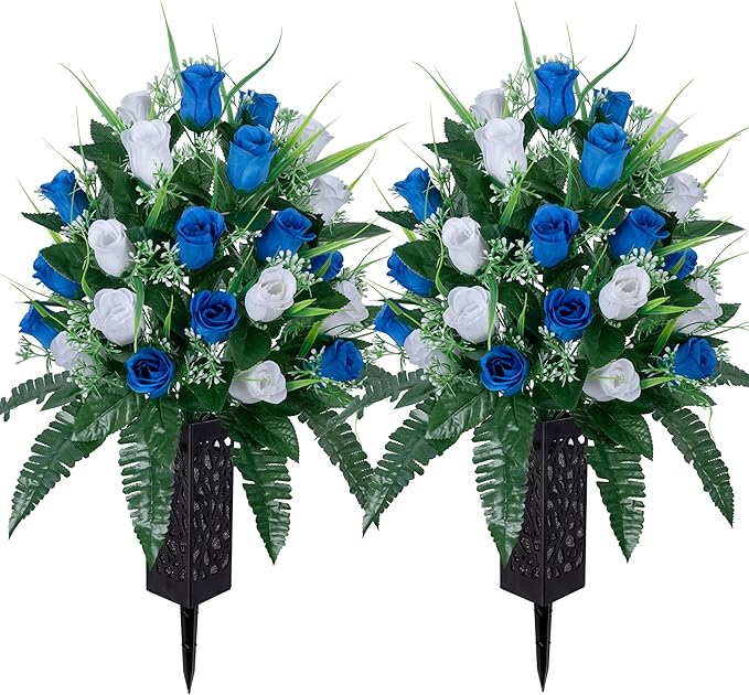 LVXINLI 2 Sets Artificial Cemetery Flowers,Outdoor Grave Decorations Roses,Beautiful Arrangements Bouquet with Cemetery Vase,Lasting and Non-Bleed Colors (White+Dark Blue)