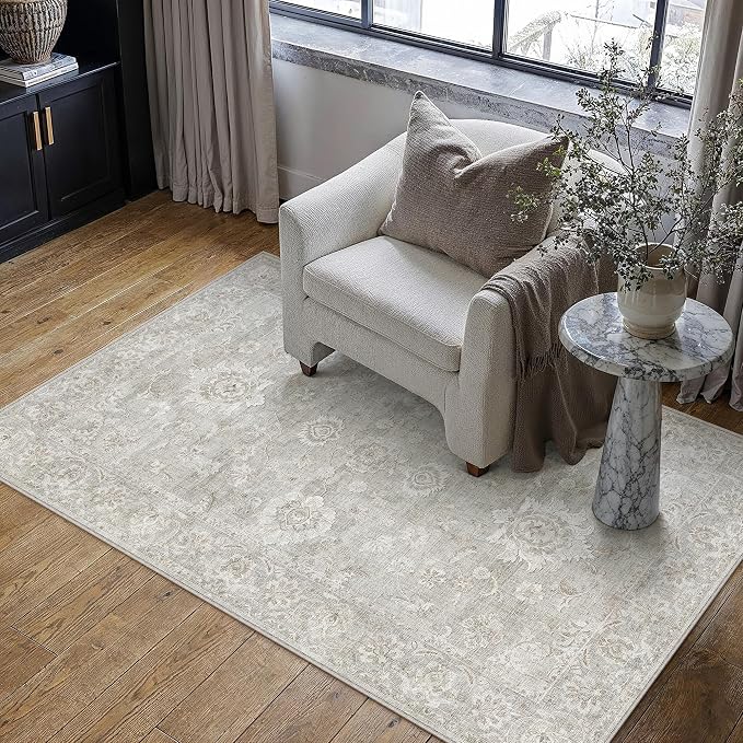 3x5 Grey Washable Area Rug for Entryway Neutral Floral Soft Non Slip Carpet Low Pile Distressed Door Mat for Bathroom Bedroom Entrance Living Room