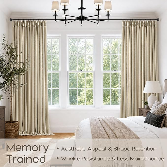 Pinch Pleated 70 Inch Wide Oatmeal Curtains 96 Inch Long 1 Panel Neutral Memory Trained Warm Beige Light Filtering Pinch Pleat Extra Wide Back Tab Curtains for Living Room Sliding Patio Door 70x96