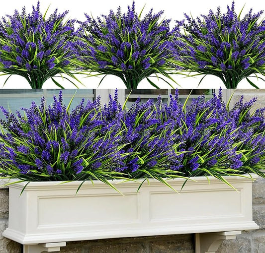 Geegoods Artificial Plants Flowers Outdoor – 48 Bundles UV Resistant Faux Lavender Flowers with Monkey Grass for Garden Porch Window Patio Hanging Planter Decor