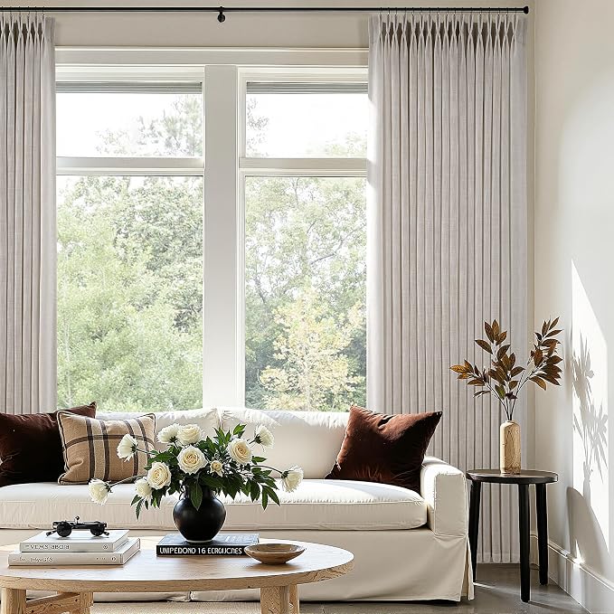 Pinch Pleated Linen Curtains 102 Inches Long 2 Panels for Living Room Bedroom Light Filtering Curtain Memory Shape Trained Pinch Pleat Thick Linen Drapes Back Tab with Hooks Clip Rings Taupe