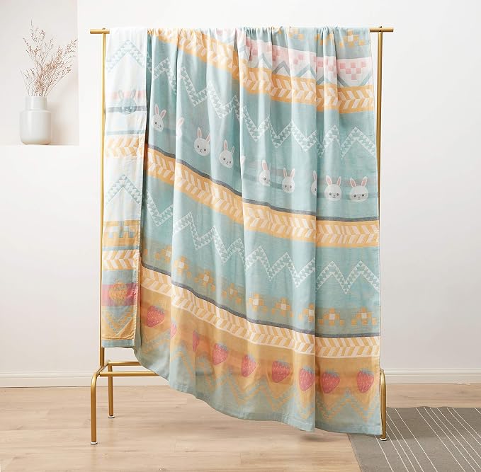 MEJU Boho Bunny Rabbit Green Muslin Lightweight Summer Strawberry Blanket Throw for Bed Sofa Couch, 100% Cotton 2 Layer Soft Warm Quick Dry Throw Blanket Bed Coverlet Sheet Full Queen 80 in X 90 in