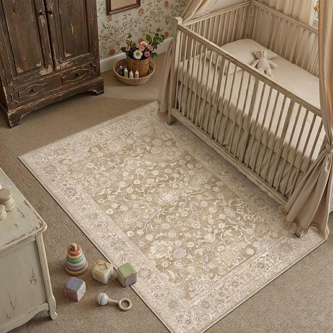 3x5 Taupe Washable Area Rug for Living Room Bedroom Neutral Soft Floral Non Slip Thin Throw Rug Lightweight Vintage Low Pile Distressed Doormat Entrance Laundry Room Office Bathroom Nursery