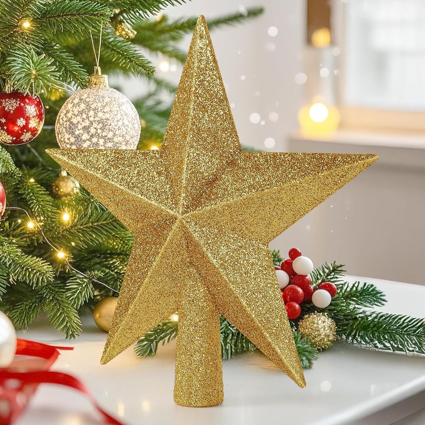 Christmas Tree Star Topper, 8" Gold Xmas Star Tree Decorations, 3D Shatterproof Bethlehem Star Tree Topper Decorations, Waterproof Christmas Tree Topper Decor for Holiday Home Outdoor Ornament