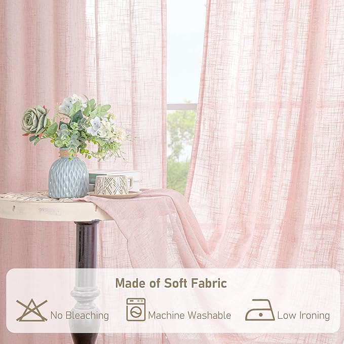 LAMIT Semi Sheer Linen Curtains 45 Inches Long, Light Filtering Panels Back Tab and Rod Pocket Neutral Drapes for Girls Room/Window/Bedroom, Pink, 2 Panels, 52 x 45 Inch
