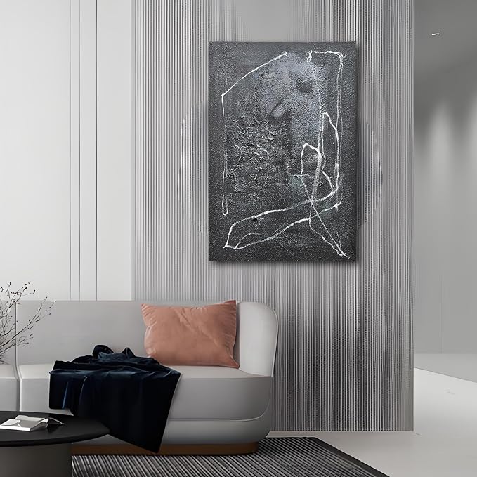 NANKAI Art 36x24 inch Hand-Painted Black and White Abstract Paintings, Contemporary Minimalist Canvas Art Oil Paintings, Home Wall Decoration