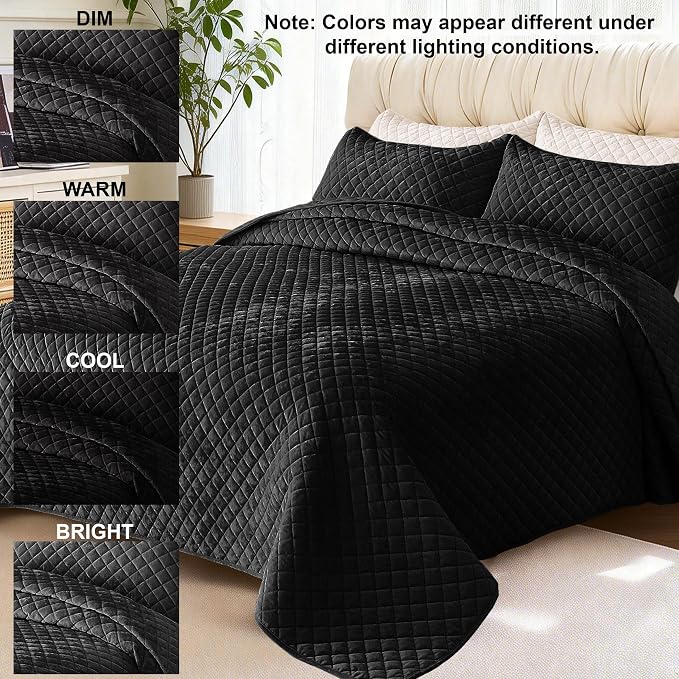 Velvet California King Quilt Size Set 106x118 Luxury Soft Bedspread Coverlet 3-Piece King Comforter Sets with 2 Pillow Shams 20x36 Super Cozy for All Seasons Velvet Bedding Set, Black