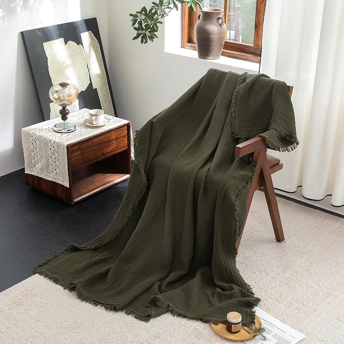 FOSSA Muslin Blanket 4-Layer 100% Cotton Gauze Blanket with Fringe 108"x98" | Super Soft Breathable Lightweight All Season & Decorative Blanket or Bed, Sofa, Office (Olive Green,Super King)
