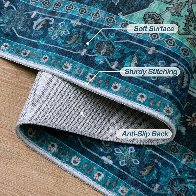 Tangsoo Oriental Small 2X3 Washable Rugs, Teal Vintage Non Slip Rug Carpet, Indoor Front Door Rug for Entryway, Door Mat Indoor Entrance Soft Low Pile Throw Rugs for Entry Kitchen Bedroom