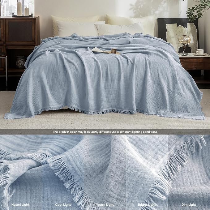 FOSSA Muslin Blanket 4-Layer 100% Cotton Gauze Blanket with Fringe 50"x70" | Super Soft Breathable Lightweight All Season & Decorative Blanket or Bed, Sofa, Office (Cornflower Blue,Throw XL)