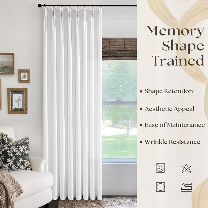 Thick Linen Semi Sheer Curtains 96 Inches Long for Living Room Bedroom Light Filtering White Textured Pinch Pleated Curtains 96Inch Length Hooks Rings Back Tab for Sliding Door 50x96 1 Panel 8 FT