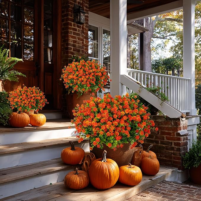 AXYLEX Artificial Fall Flowers Outdoor Fake Mums - 12 Bundles Fake Plants UV Resistant No Fade Faux Plastic Greenery Garden Porch Patio Fall Home Decor (Red Orange)