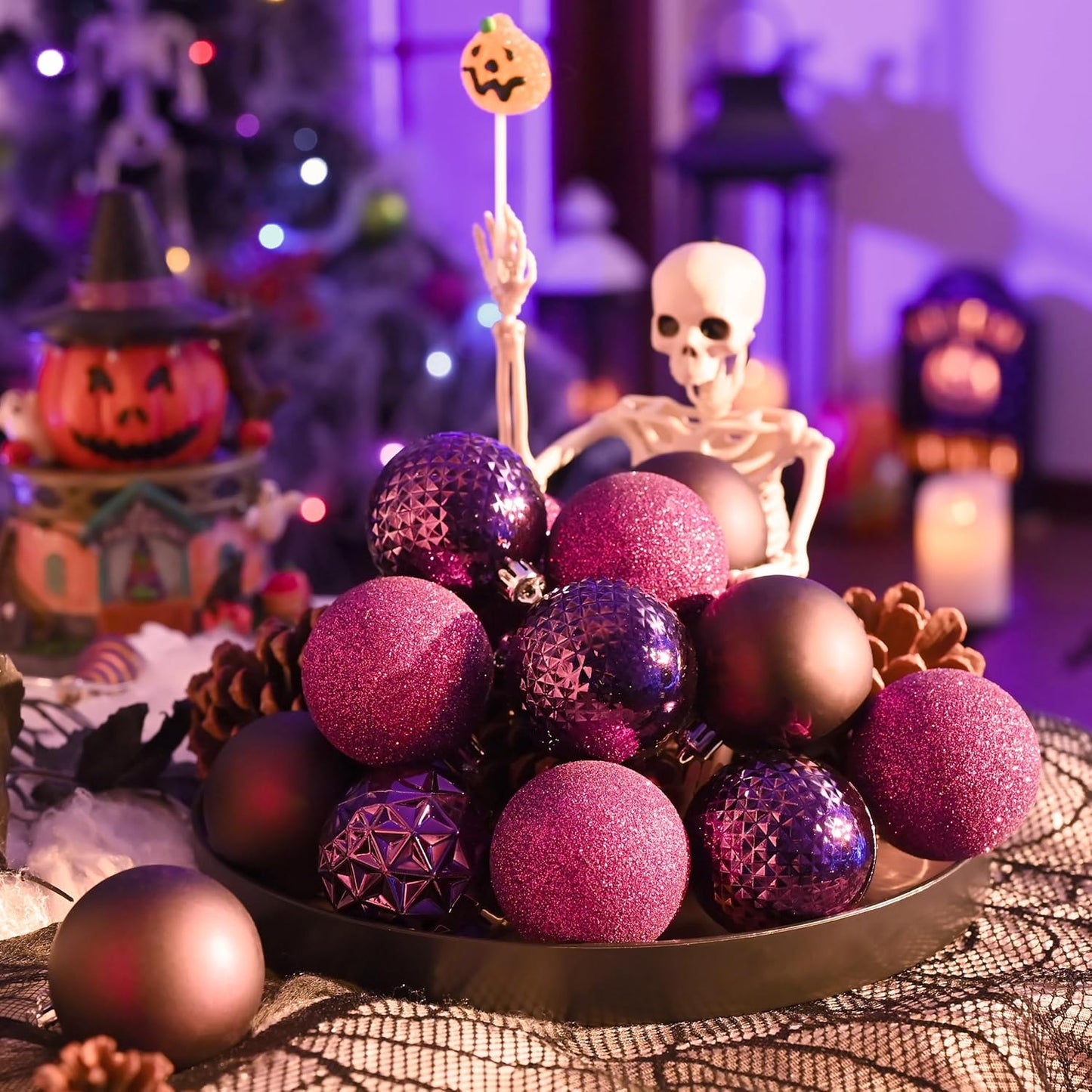 Valery Madelyn Christmas Tree Decorations Ornament Set for Fall Halloween, 50ct 2.36 Inches Purple Shatterproof Christmas Ball Ornaments Hanging Xmas Holiday Party Decor