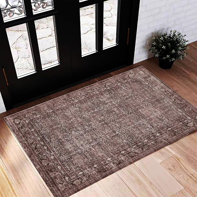 CHAMPLANT Washable Area Rug 2'x3' Door Mat Vintage Distressed Doormat Indoor Entrance Traditional Thin Rug Floral Print Non Slip Carpet for Kitchen Bathroom Bedroom Living Room