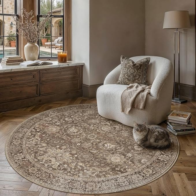 HUGEAR 4x4 Round Rugs Brown Washable Rug for Living Room Bedroom Large Neutral Vintage Rug Carpet Distressed Soft Durable Non Slip No Shedding for Indoor Dining Nursery Farmhouse