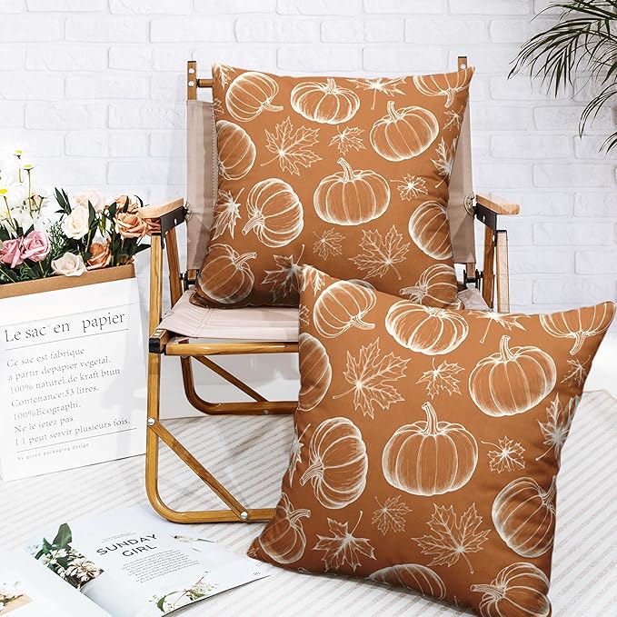 Fall Pillow Covers 20x20 Set of 2 Burnt Orange Pumpkin Maple Leaves Throw Pillow Covers Autumn Harvest Pillowcase Thanksgiving Cushion Case for Home Decor Patio Outdoor Sofa