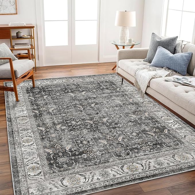 CHAMPLANT Washable Area Rug 3'x5' Vintage Traditional Floor Cover Foldable Thin Rugs Retro Kitchen Indoor Distressed Non Slip Carpet Floral Print Mat Bedroom Living Room
