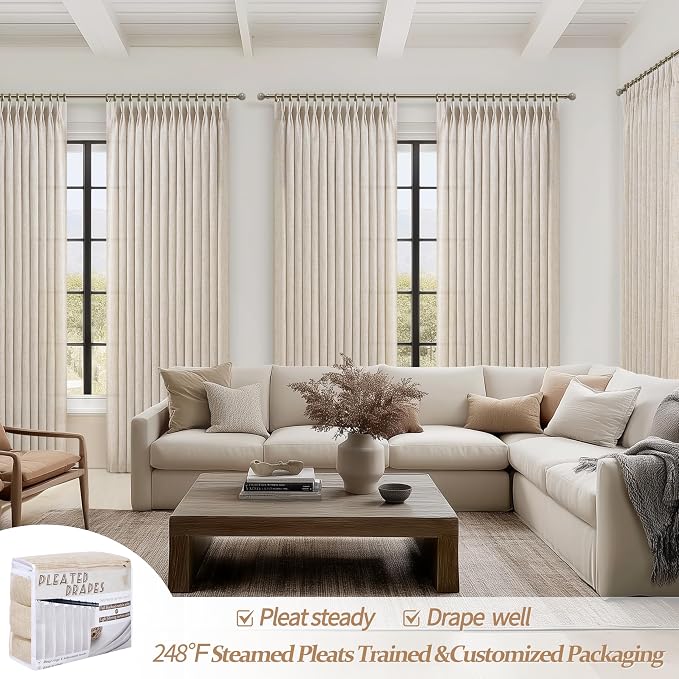 Pinch Pleated Light Filtering 60 Inch Wide Bedroom Curtains 96 Inches Long 2 Panels Set, Natural Linen Memory Trained Privacy Semi Sheer Curtain Farmhouse Oatmeal 8 FT Length Heavy Viral Window Drapes