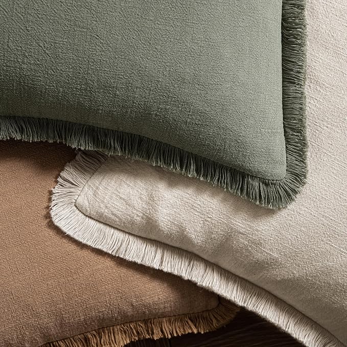 MIULEE Decorative Throw Pillow Covers Neutral Linen Fringe Throw Pillows Set of 2 Brown Boho Farmhouse Cushion Covers with Tassels for Couch Sofa Bed Living Room Fall Home Decor 16x16 Inch