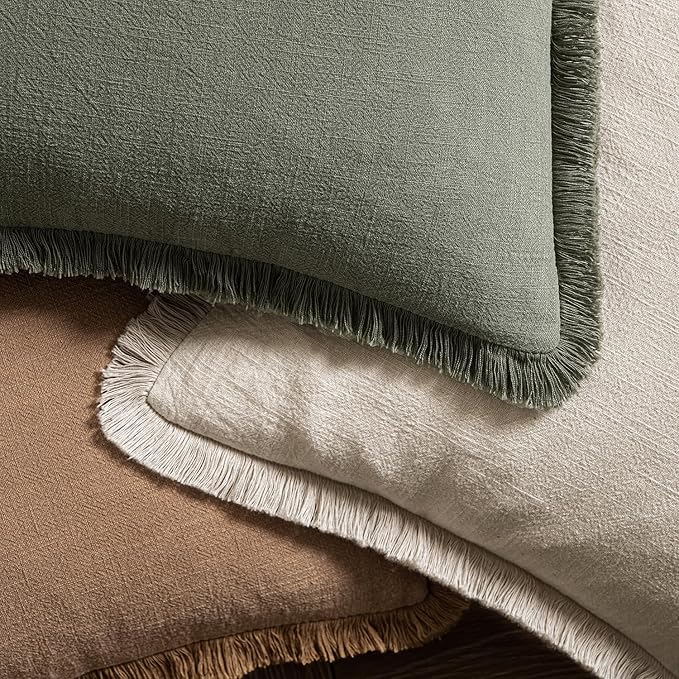 MIULEE Decorative Lumbar Throw Pillow Covers Neutral Linen Fringe Throw Pillows Set of 2 Brown Boho Farmhouse Cushion Covers with Tassels for Couch Sofa Bed Living Room Spring Home Decor 12x20 Inch