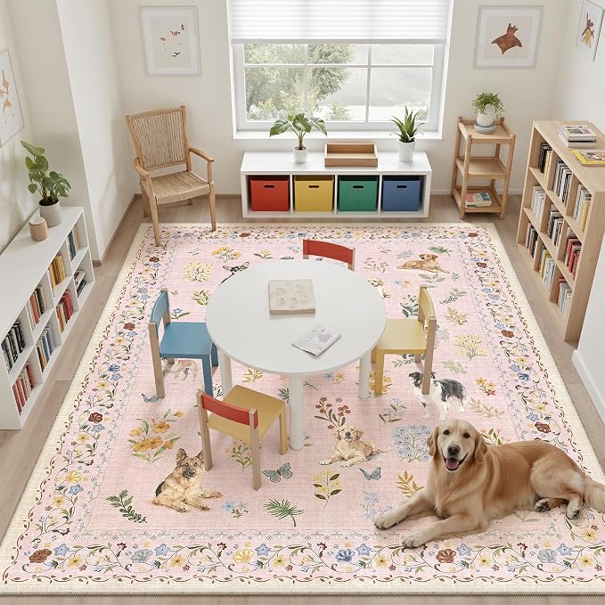 Soalmost Dog 9x12 Pink Area Rugs for Baby Girl Nursery, Washable Animal Floral Vintage Rug Non-Slip Low Pile Soft Throw Rugs for Living Room Dining Room Bedroom Playroom Classroom (9 x 12,Pink)