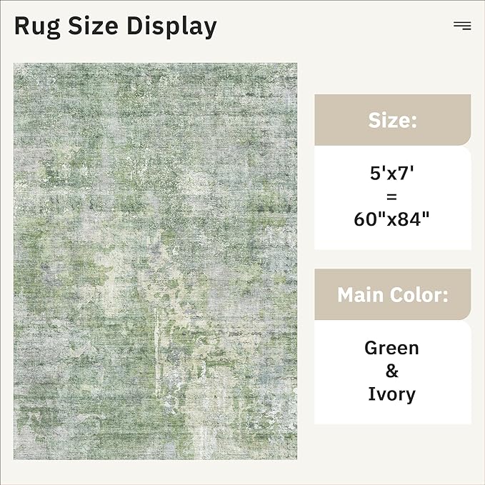 Soalmost Abstract Rug 5x7 Machine Washable Area Indoor Green Low Pile Non-Slip Foldable Thin Accent Rugs for Bedroom Living Room Dining Room