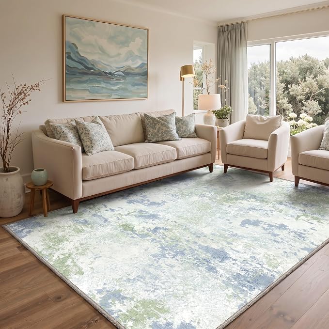 BEIMO Area Rugs 3x5 for Living Room Bedroom, Modern Abstract Machine Washable Rug, Soft Low Pile Floor Cover with Non Slip Backing for Dining Room, Blue Green Ivory