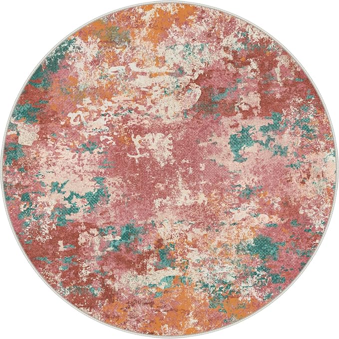 BEIMO Round Rugs 5FT for Living Room Bedroom, Modern Abstract Machine Washable Rug, Large Soft Low Pile Indoor Floor Carpet with Non Slip Backing for Dining Room, Red Green