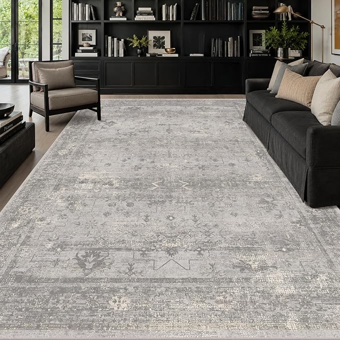 6x9 Washable Area Rug for Living Room - Gray Abstract Modern Rug, Non-Slip Low Pile Grey Vintage Distressed Carpet for Home Office, Bedroom & Dining Room