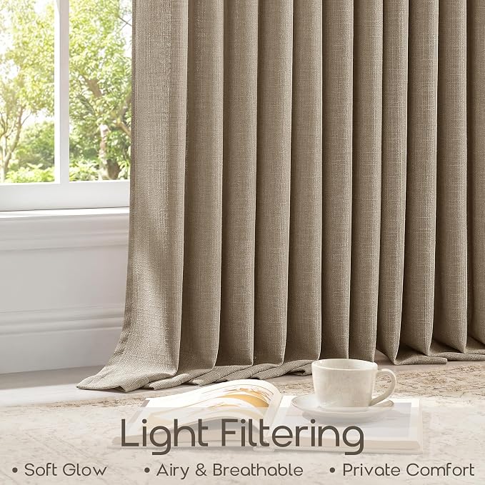 96 Inch Pinch Pleated Linen Curtains 2 Panels Dark Flax Brown Cottage Memory Shape Semi Sheer Pleat Textured Drapes for Living Dining Room Bedroom Tan Light Filtering Window Curtains 40 Inch Width