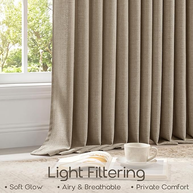 Pinch Pleated Thick Linen Curtains 102 Inch Light Filtering Sheer Neutral Boho Back Tab Window Curtains for Living Room Patio 102 Inches Dark Flax Brown Pinch Pleat Sliding Door Drapes 2 Panels
