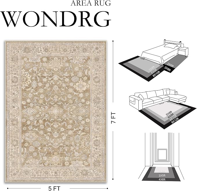3x5 Taupe Washable Area Rug for Living Room Bedroom Neutral Soft Floral Non Slip Thin Throw Rug Lightweight Vintage Low Pile Distressed Doormat Entrance Laundry Room Office Bathroom Nursery