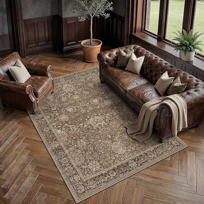 HUGEAR Area Rugs 5x8 Brown Washable Rug for Living Room Bedroom Neutral Vintage Rug Carpet Distressed Soft Durable Non Slip No Shedding for Indoor Dining Nursery Farmhouse