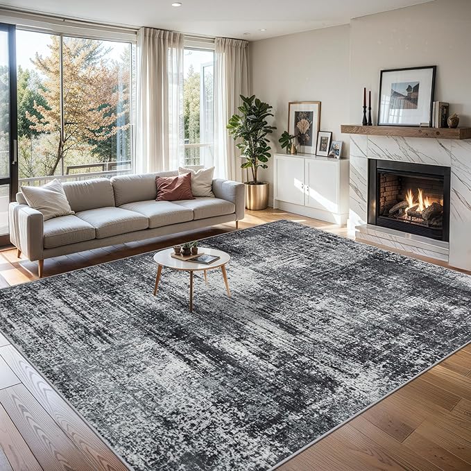 Area Rugs 10x14 Living Room - Washable Rug Modern Abstract Soft Large Neutral Non-Slip Carpet Indoor Floor Thin Carpets for Bedroom Dining Room Farmhouse Nursery Home Office Dark Black