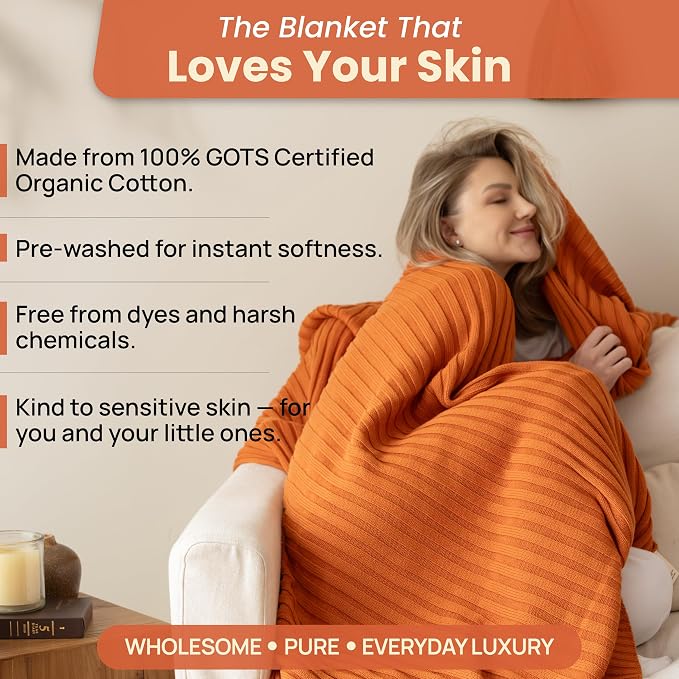 Dalisa 100% Organic Cotton Knit Throw Blanket, Harvest Pumpkin, 60x80 Inches, GOTS-Certified, Crochet Knit, Adult, Eco-Conscious Luxury, Lynx-Inspired Pattern