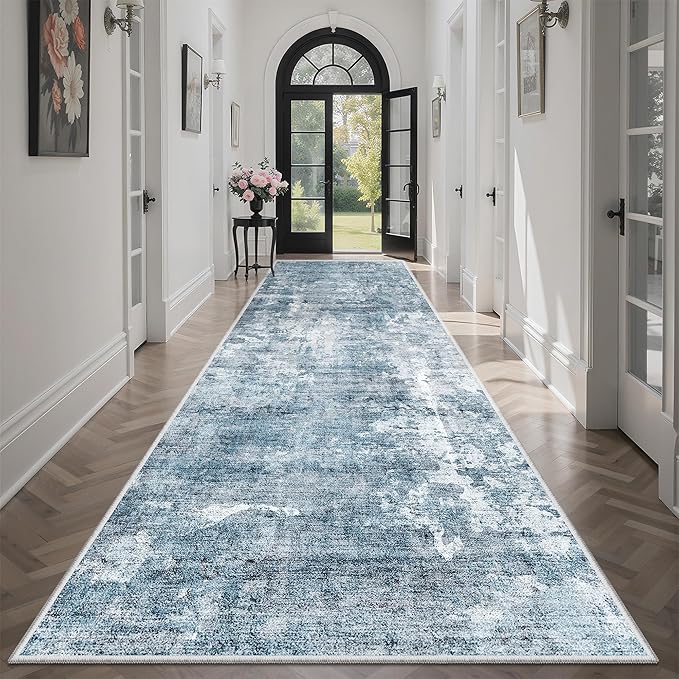 Soalmost Runner Rug 3x10 Washable Non-Slip Hallway Runner Rugs for Kitchen Bathroom Laundry Room Blue/Grey Vintage Floor Carpet Runners for Hallways Entryway