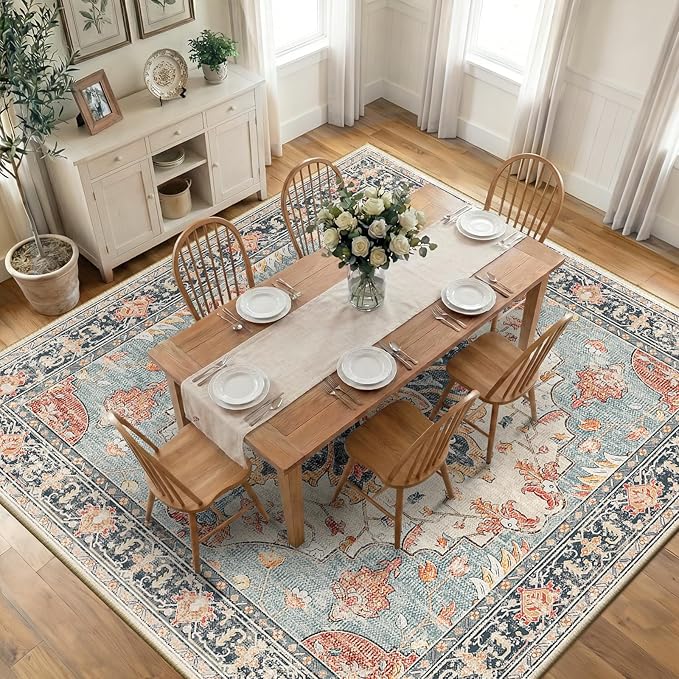 RELEANY Area Rugs Square 10ft Washable Non-Slip, Floral Vintage Distress Print Pattern Medallion Carpet for Living Room Bedroom Dining Room, Beige Navy Blue Orange Colorful