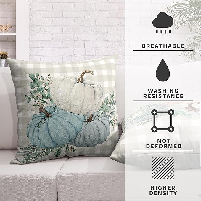 Watercolor Blue Pumpkin Decorations Pillow Covers 24x24 Set of 2 Fall Decorative Pillow Case Autumn Harvest Cotton Linen Pillow Covers for Living Room Couch Outdoor