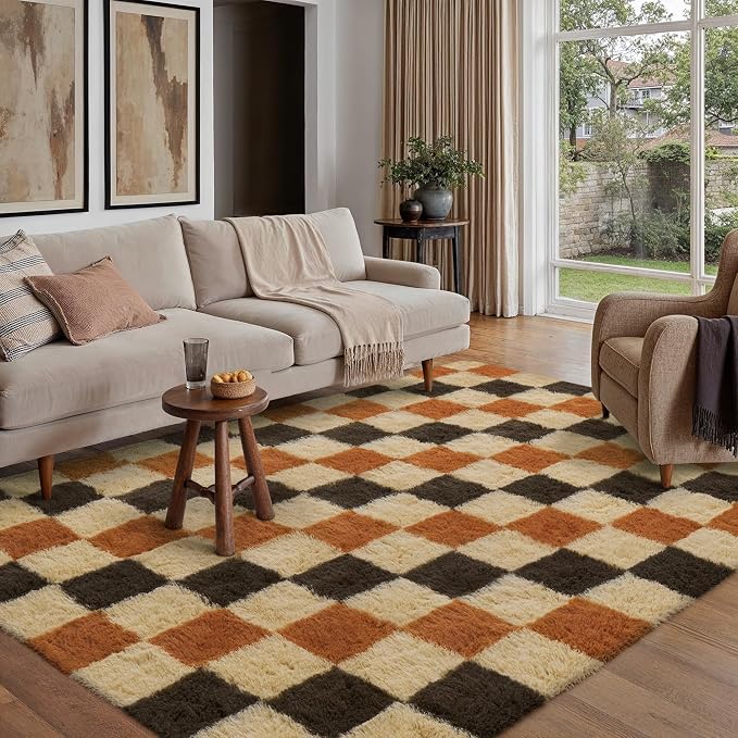 PureCozy Shag Rug 9x12 for Living Room Soft Non-Slip Large Area Rug Bedroom | Fluffy，Washable，Checkered Rug, Kids Room, Nursery Room, Classroom