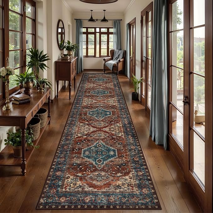 Tangsoo Oriental 2.6x12 Washable Hallway Runner Rug, Non Slip Vintage Long Runner Rug for Hallways, Soft Low Pile Rug Runner, Boho Print Carpet Runners for Kitchen Bedroom Entryway Living Room Rust
