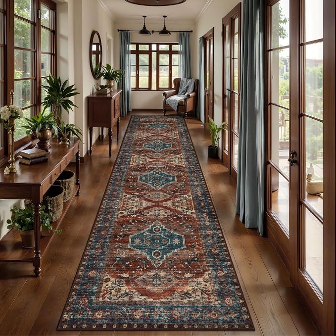 Tangsoo Oriental 2.6x14 Runner Rug for Hallways Non Slip, Washable Runner Rug, Soft Low Pile Long Rug Runners, Boho Print Distressed Carpet Runners for Kitchen Bedroom Entryway Living Room Rust