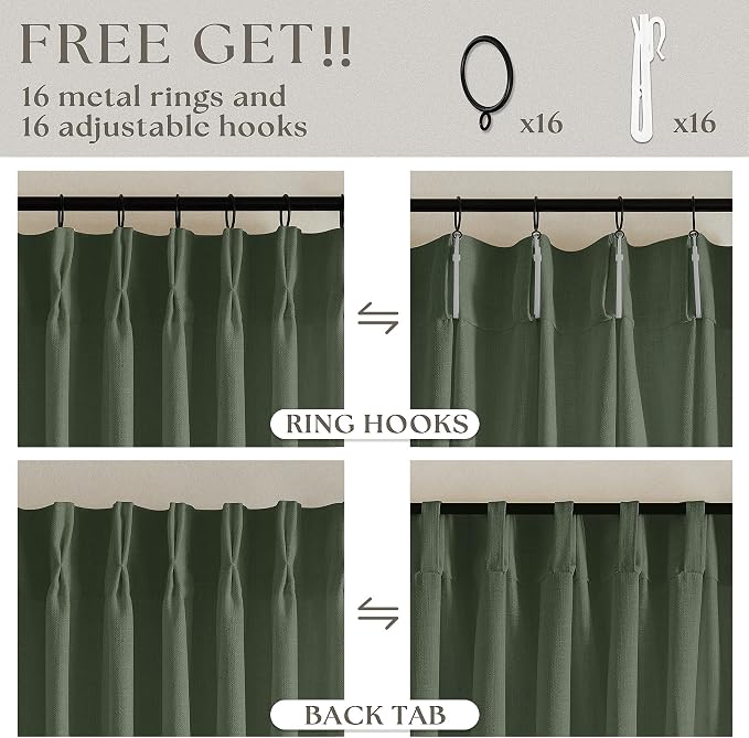 TWODRAPES Olive Green Linen Pinch Pleated Curtains 84 Inches Long 2 Panels for Living Room Bedroom Linen Pleated Hooks Rings Back Tab Light Filtering Loden Moss Green Farmhouse Drapes 84 Inch Length