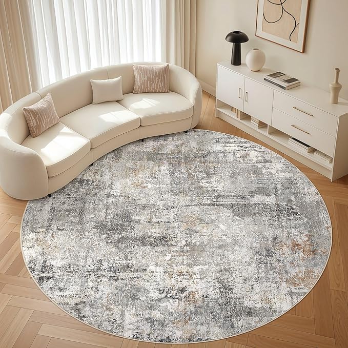 8ft Round Rug Living Room Rugs: 8x8 Washable Circle Large Abstract Modern Soft Stain Resistant Non-Slip Indoor Floor Carpet for Bedroom Nursery Office Dining Room Playroom Home House- Gray Rust