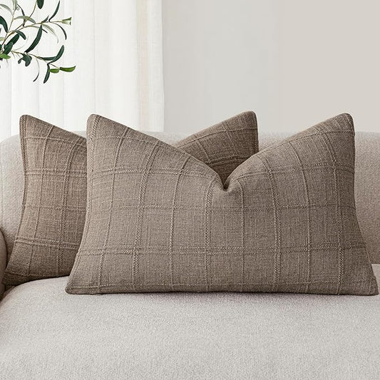 Foindtower Set of 2 Decorative Linen Check Throw Pillow Covers Neutral Farmhouse Lumbar Cushion Covers Modern Boho Home Decor for Sofa Chair Couch Bedroom Living Room,12×20 Inch,Tan Taupe