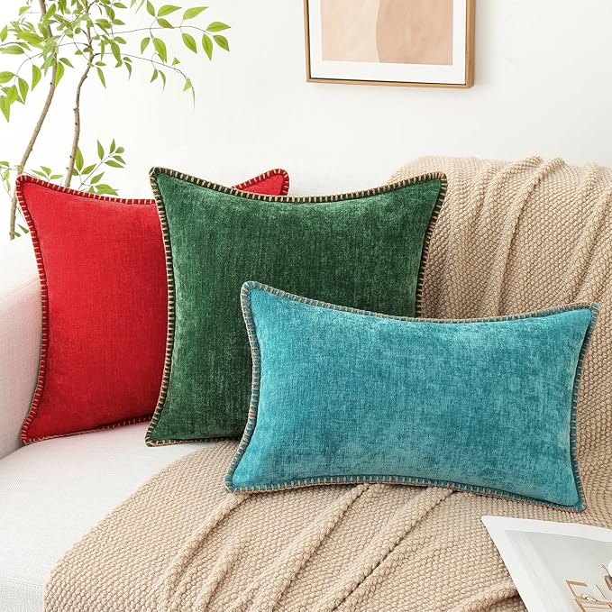 decorUhome Summer Chenille Soft Cozy Throw Pillow Covers 18x18 Set of 2, Modern Farmhouse Boho Velvet Decorative Pillow Cases with Stitched Edge for Couch Sofa Bed Home Decor, Turquoise