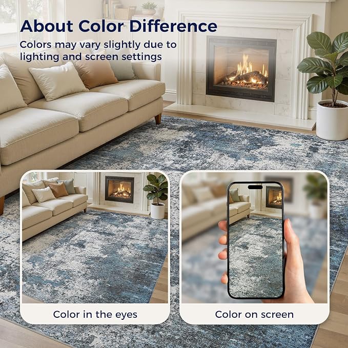 DMOYEST Area Rug Living Room Rugs - 10x14 Large Soft Indoor Neutral Modern Abstract Low Pile Washable Rug Carpet for Bedroom Dining Room Farmhouse Home Office - Grey Blue