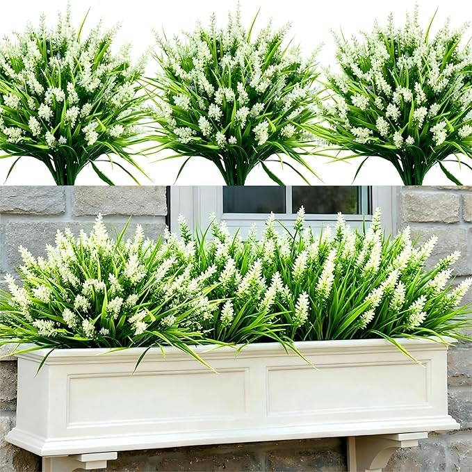 Geegoods Artificial Plants Flowers Outdoor – 24 Bundles UV Resistant Faux Lavender Flowers with Monkey Grass for Garden Porch Window Patio Hanging Planter Decor