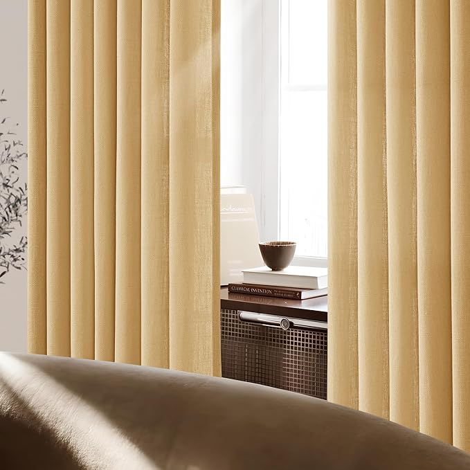 Pinch Pleated Mustard Yellow Linen Curtains 84 inches Long for Living Room 2 Panel Set Light Fitering Semi Sheer Yellow Window Curtain Pleat with Hooks Rustic Farmhouse Bedroom Drapes Length 84"