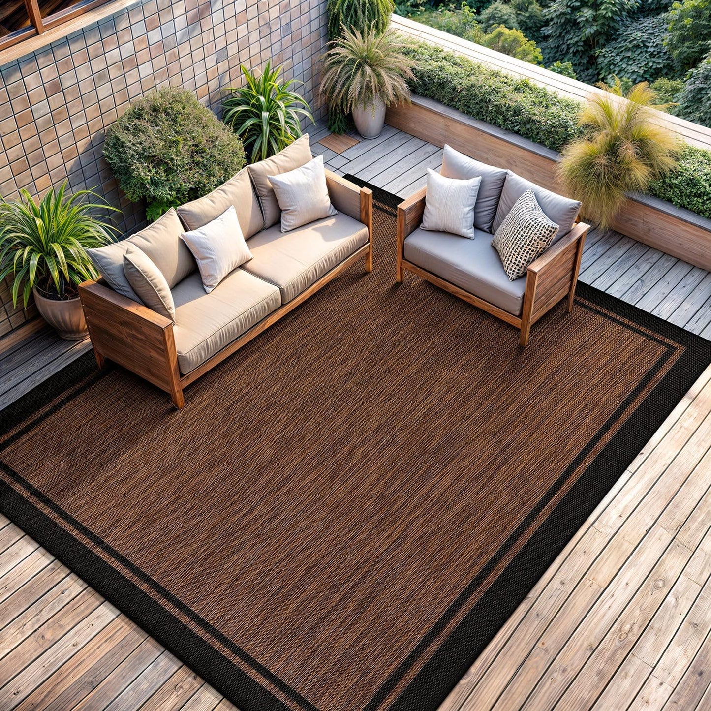 CAMILSON Indoor Outdoor Rug, 6x9 Bordered Nut Brown Black Modern Area Rugs for Indoor and Outdoor Patios, Kitchen and Hallway Mats, Washable Porch Deck Outside Carpet (Bordered Nut Brown Black, 6 x 9)